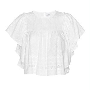 MISA Los Angeles Top Cotton Eyelet Ruffle Sleeve Peasant Cottage, S - NWT (Flaw)